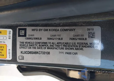 2019 Chevrolet Spark 1Lt Cvt из США, поврежденный, VIN KL8CD6SA6KC733108